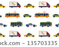 City transport pattern with vehicles moving along road in lively urban scene. Flat cartoon vector illustration for kids design, traffic themes, education materials, wallpapers 135703335