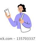 Woman holding smartphone with white screen and shoulder bag, mockup concept for digital products. Flat cartoon vector illustration for UI UX design, mobile app, website layouts, marketing visuals 135703337