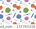 Knitting pattern with yarn and needlework elements for handmade creativity theme. Flat cartoon vector illustration for textile design, DIY projects, hobby branding, packaging, fabric prints 135703338
