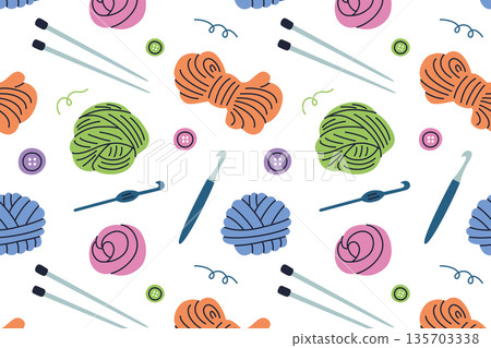 Knitting pattern with yarn and needlework elements for handmade creativity theme. Flat cartoon vector illustration for textile design, DIY projects, hobby branding, packaging, fabric prints 135703338