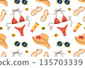 Beach vacation pattern with female summer accessories and stylish coastal mood. Flat cartoon vector illustration for travel seamless design, resort branding, fashion prints, packaging 135703339