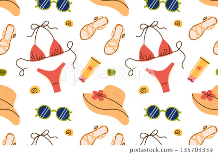 Beach vacation pattern with female summer accessories and stylish coastal mood. Flat cartoon vector illustration for travel seamless design, resort branding, fashion prints, packaging Beach vacation pattern with female summer accessories and stylish coastal mood. Flat cartoon vector illustration for travel seamless design, resort branding, fashion prints, packaging 135703339