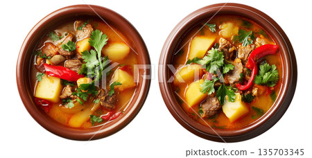 Cazuela chilean Stew pot served in rustic bowl isolated on white background, South American Cuisine Cazuela chilean Stew pot served in rustic bowl isolated on white background, South American Cuisine 135703345