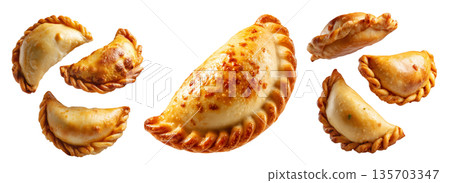 Argentina and Uruguay empanadas stacked in a pyramid, golden baked crust, meat and potato filling, isolated on white background Argentina and Uruguay empanadas stacked in a pyramid, golden baked crust, meat and potato filling, isolated on white background 135703347