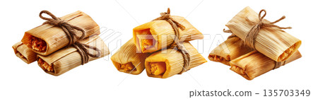 Venezuelan tamales wrapped in corn husk, tied with rustic rope, isolated on white background, representing South American cuisine Venezuelan tamales wrapped in corn husk, tied with rustic rope, isolated on white background, representing South American cuisine 135703349