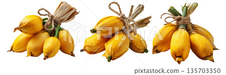 Humitas corn tamales wrapped in corn husks, isolated on white background, concept of South American cuisine Humitas corn tamales wrapped in corn husks, isolated on white background, concept of South American cuisine 135703350