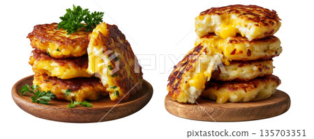 Ecuador lapingachos potato patties filled with melted cheddar cheese, isolated on white background, South American Cuisine Ecuador lapingachos potato patties filled with melted cheddar cheese, isolated on white background, South American Cuisine 135703351
