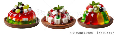 Bright red jelly salad dessert topped with fresh berries, mint leaves, marshmallows and candy isolated on white background Bright red jelly salad dessert topped with fresh berries, mint leaves, marshmallows and candy isolated on white background 135703357