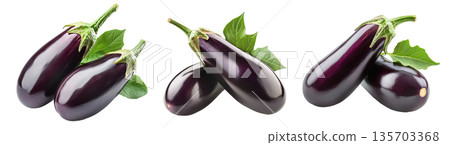 Fresh eggplants with leaves, isolated on white transparent background, concept of healthy eating 135703368