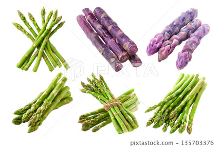 Set of Fresh green and purple asparagus spears isolated on a white background 135703376
