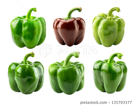 Set of Green bell pepper with green stem isolated on a white background Set of Green bell pepper with green stem isolated on a white background 135703377