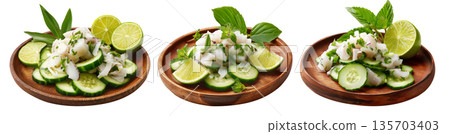Ika Mata raw fish salad from the Cook Islands with seafood, lime, cucumber, and coconut, isolated on white background Ika Mata raw fish salad from the Cook Islands with seafood, lime, cucumber, and coconut, isolated on white background 135703403