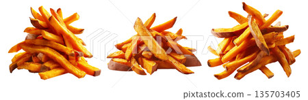 Kumara sweet potato fries served on wooden plate, isolated on white transparent background, concept of New Zealand healthy snack Kumara sweet potato fries served on wooden plate, isolated on white transparent background, concept of New Zealand healthy snack 135703405