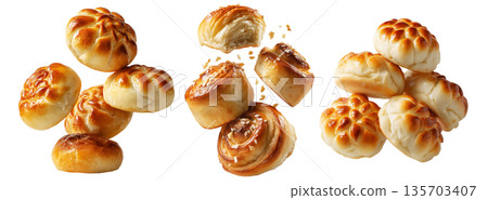 Panipopo sweet rolls baked in coconut milk with golden crust isolated on white background, concept of bakery and food freshness Panipopo sweet rolls baked in coconut milk with golden crust isolated on white background, concept of bakery and food freshness 135703407