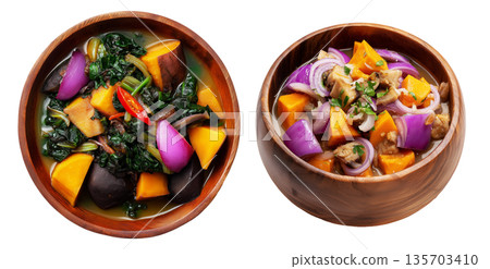 Papua New Guinea Taro and Sweet Potato Stew, thick stew of root vegetables and leafy greens, isolated on white background 135703410