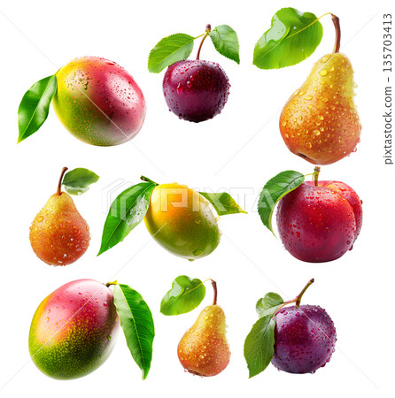 Set of mango, pear, plums or nectarine covered in dew drops with green leaves isolated on white background Set of mango, pear, plums or nectarine covered in dew drops with green leaves isolated on white background 135703413