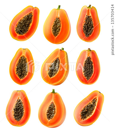Set of Half-cut ripe papaya showcasing orange flesh and black seeds, isolated on clean transparent white background Set of Half-cut ripe papaya showcasing orange flesh and black seeds, isolated on clean transparent white background 135703414