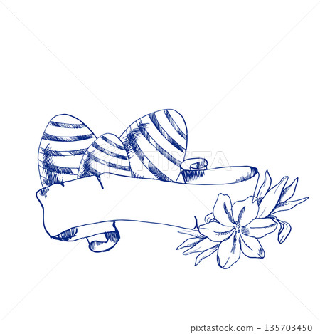Happy Easter engraves ink illustration with striped eggs, paper banner decorated with spring flowers. Hand drawn monochrome doodle painting, Spring festive painting for religious poster, invitation	 135703450