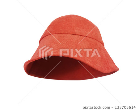 An orange bucket hat, a velvet hat, against a white background. 135703614