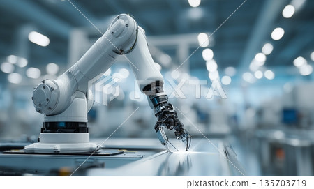 Robot arm working in factory setting during daytime to assist with manufacturing tasks and assembly processes 135703719