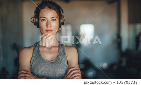 Woman wears headphones and stands confidently in gym during workout session in fitness center 135703732