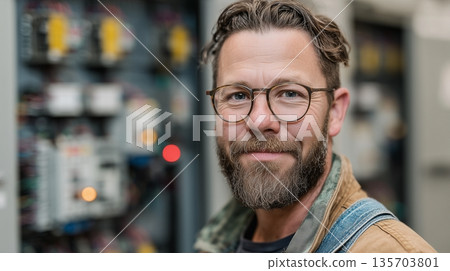 Man working on electrical equipment in a workshop during daytime, focused on maintenance and repair tasks for devices and systems 135703801