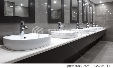 Modern bathroom design with multiple sinks and mirrors in a well-lit space 135703914