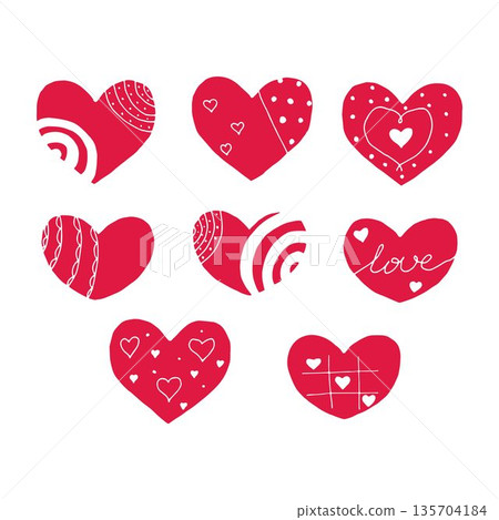 Set of cute hand drawn doodle pink hearts 135704184