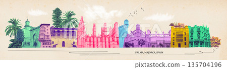 The collage from views of Palma de Mallorca at Spain. 135704196