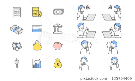 Simple money-related icon and person illustration set vector 135704409