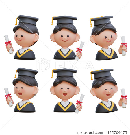 3D illustration of a male student in graduation gown holding a diploma certificate 3D illustration of a male student in graduation gown holding a diploma certificate 135704475