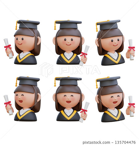 3D illustration of a female student in graduation gown holding a diploma certificate 3D illustration of a female student in graduation gown holding a diploma certificate 135704476
