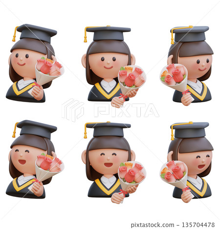 3D illustration of a female student in graduation gown holding a flower bouquet 3D illustration of a female student in graduation gown holding a flower bouquet 135704478