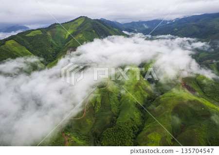 Landscape of Morning Mist with Mountain Layer. mountain ridge and clouds in rural jungle bush forest Landscape of Morning Mist with Mountain Layer. mountain ridge and clouds in rural jungle bush forest 135704547
