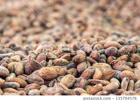 Cocoa beans and cocoa pod on a wooden surface. Cocoa beans and cocoa pod on a wooden surface. 135704576