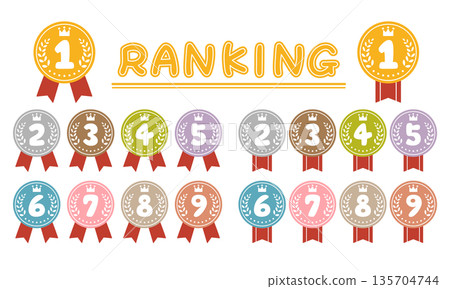Hand-drawn numbers, cute rankings and medals material set 135704744