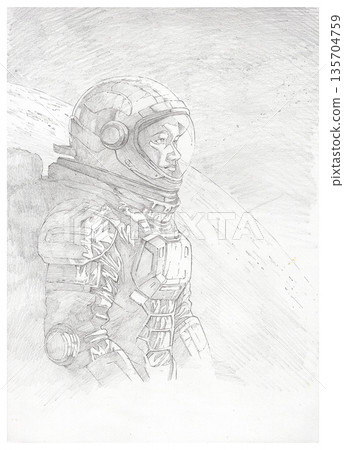 Pencil drawing of astronaut profile with futuristic space suit and planet. Pencil drawing of astronaut profile with futuristic space suit and planet. 135704759