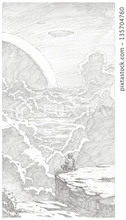 Pencil sketch of a boy sitting on a cliff looking at a giant planet above clouds. Pencil sketch of a boy sitting on a cliff looking at a giant planet above clouds. 135704760