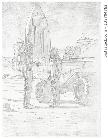 Pencil illustration of future human settlement on Mars with spacecraft. 135704762