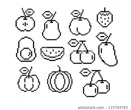 Pixel art fruit and vegetable set outlines of apple, pear, peach, strawberry, avocado, watermelon, cherry, mango, pumpkin for decoration, food icon, grocery shopping, cartoon, colouring book, art Pixel art fruit and vegetable set outlines of apple, pear, peach, strawberry, avocado, watermelon, cherry, mango, pumpkin for decoration, food icon, grocery shopping, cartoon, colouring book, art 135704765