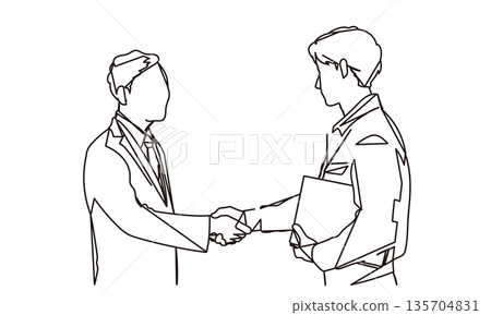 Line drawing illustration of a businessman shaking hands with a man in work clothes 135704831
