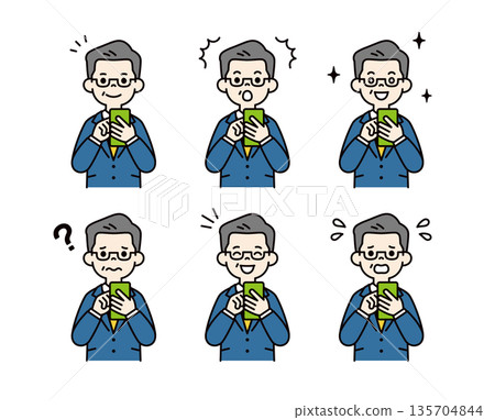一組描繪總統、老闆和經理上半身使用智慧型手機的向量插圖，人物表情各異。 135704844