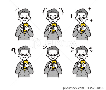 Vector illustration material set of middle-aged and elderly businessmen with various expressions and emotions operating a smartphone Vector illustration material set of middle-aged and elderly businessmen with various expressions and emotions operating a smartphone 135704846
