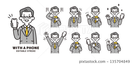 A vector illustration set of various expressions and poses of middle-aged and elderly businessmen holding smartphones A vector illustration set of various expressions and poses of middle-aged and elderly businessmen holding smartphones 135704849