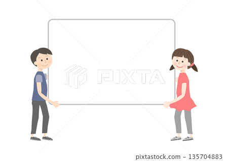 男孩和女孩拿著一塊大的空白木板 男孩和女孩拿著一塊大的空白木板 135704883