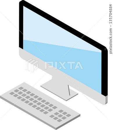 等距桌面電腦插圖。顯示器和鍵盤向量圖 135704884