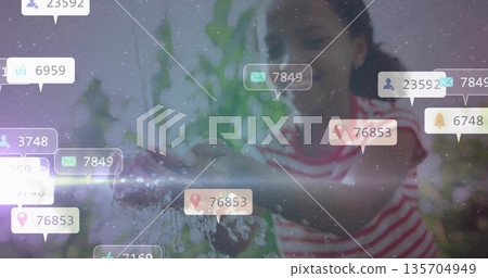 Catching running water, child wearing T-shirt in garden, with mail, map-pin, bell and user icons Catching running water, child wearing T-shirt in garden, with mail, map-pin, bell and user icons 135704949