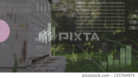 Displaying aged white metal panel mounted on platform in grassy field, data overlays, copy space Displaying aged white metal panel mounted on platform in grassy field, data overlays, copy space 135704974