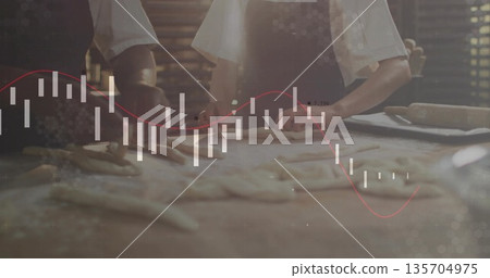 Kneading bakers in aprons shaping dough at bakery on wooden worktable, with financial chart overlay 135704975