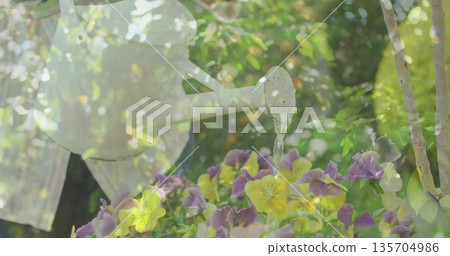 Pouring metal watering can showering bicolored pansies in garden, with fabric panel, tree branches Pouring metal watering can showering bicolored pansies in garden, with fabric panel, tree branches 135704986